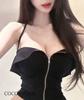 Coco and Yuka Sexy Sleeveless Tight Zipper Top with Front Opening for Summer Size Women's Off-the-Shoulder (Black, M)