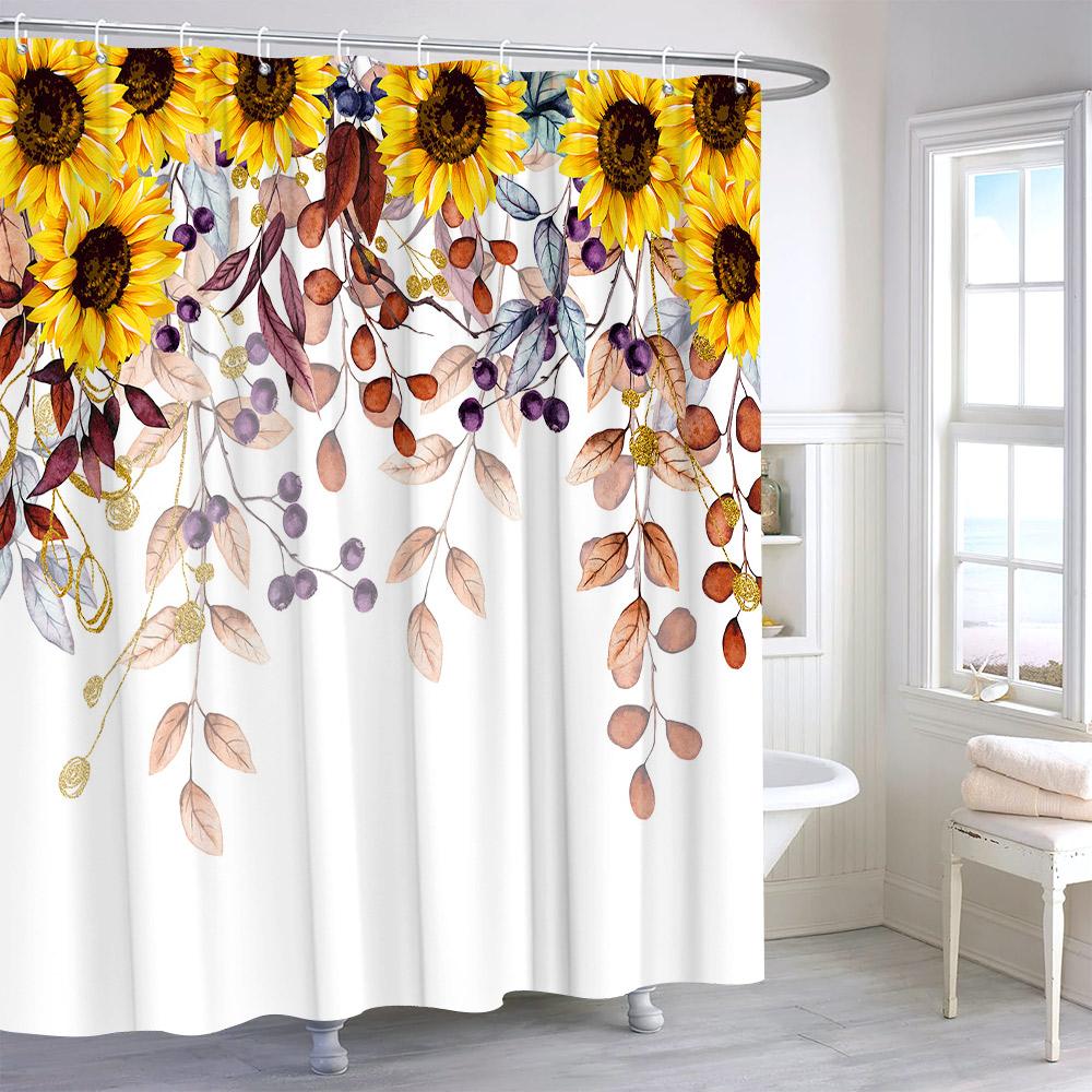 Rustic Sunflower Flower Butterfly Print Shower Curtain Vintage Floral Botanical Polyester Fabric Shower Curtains Bathroom Decor
