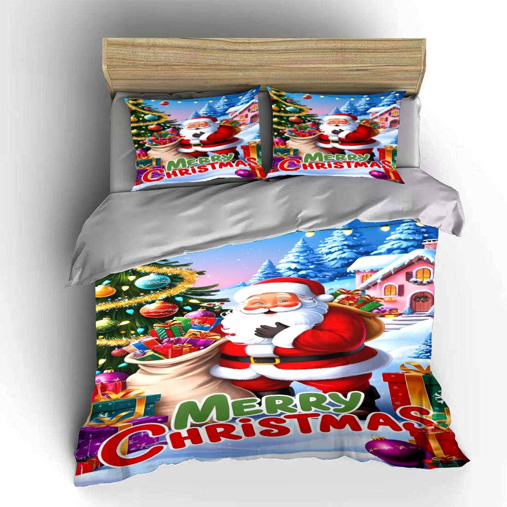 Santa Claus Merry Christmas Scene Bedding Duvet Cover Set Duvet Cover Pillowcases  (1*Duvet Cover 2*Pillowcases, Without Duvet Insert)