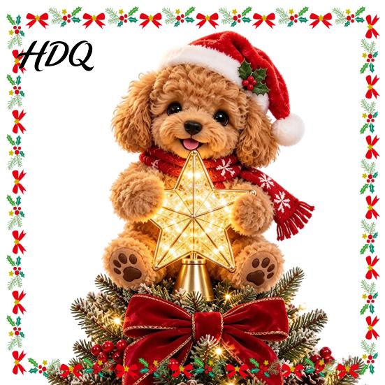 Cute Puppy Ornament Dog Christmas Tree Topper with Light Warm LED Star Plush Decoration Universal Base for Pet Lover Unique