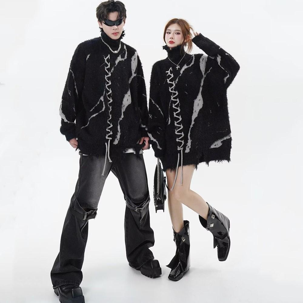 Black Knitted Pattern Causal Loose Oversized Spring Autumn Men Pullover Sweater Women Sweaters