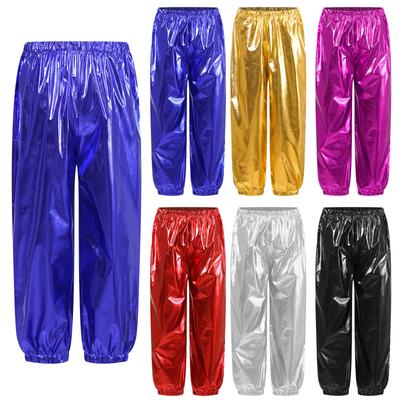 Kids Boys Girls Metallic Shiny Pants Trousers Jazz Dance Cheerleading Stage Performance Costume for Birthday Party School Show