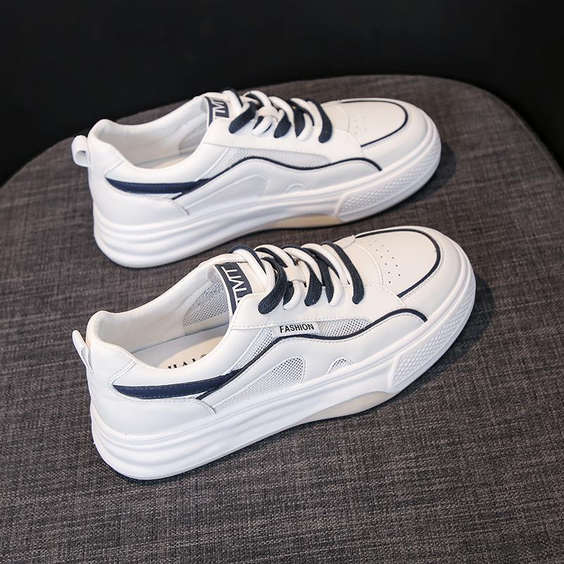 Real Soft Leather Sneakers Women's  Spring New Thick-soled Mesh Breathable Student Casual All-match Small White Shoes