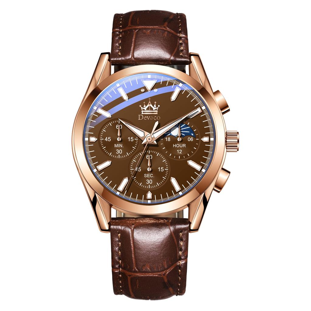 Men's Business Watch with Leather Band, Stylish Waterproof Watch with Calendar Display and Luminous Design, a Great Gift for Men (Brown)
