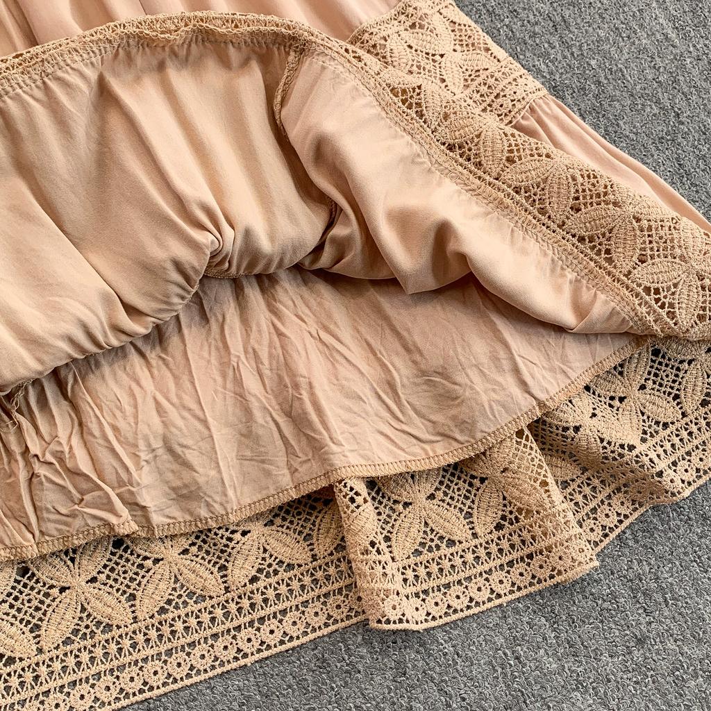 Lace Patchwork Round Neck Long Sleeved Dress for Women In Spring  Autumn Buttoned Drawstring Waist Cinching Slimming Cake Women Dress