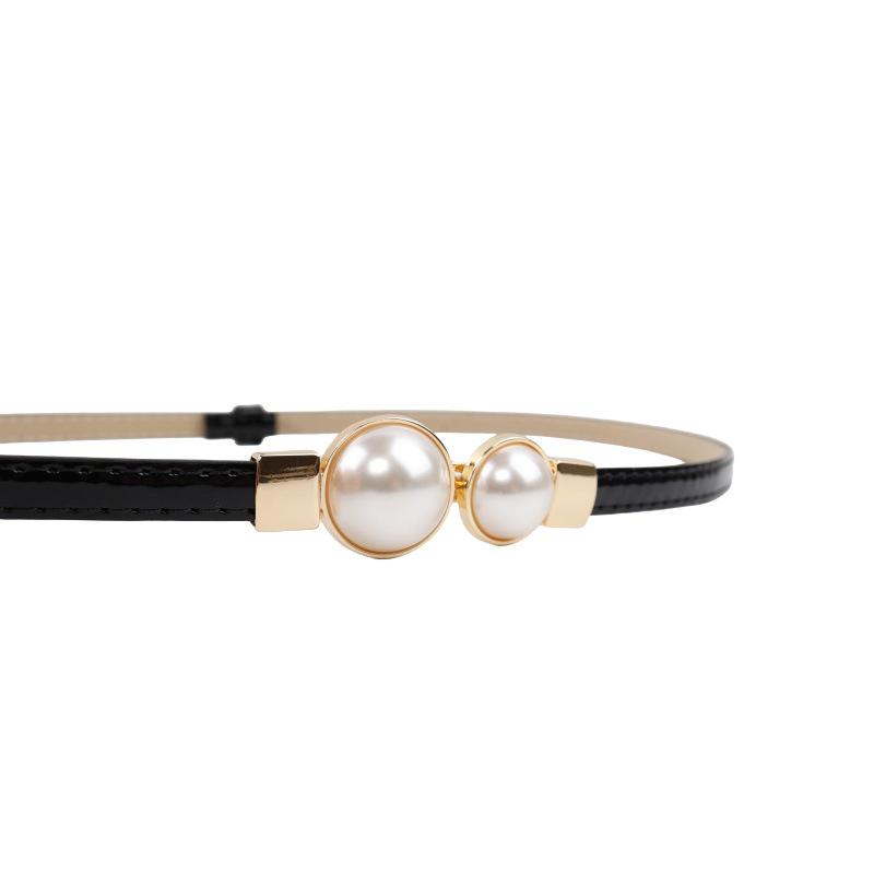 Pearl Black Leather Waist-Cinching Belt for Women - Stylish and Versatile Thin Waistband