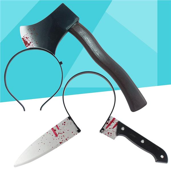 LUOEM 2pcs Scary Halloween Props a trav/és de Head Bloody Diadema Hairband Hair Hoop Horror Party Costume Accessories Trick Toy Disfraces de Halloween Cuchillo Cleaver + Acentuado