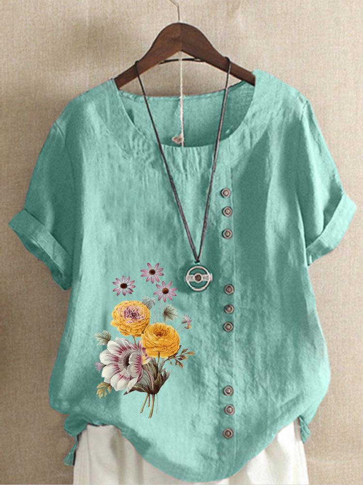 Europe and The United States Printing Cotton Linen Short-sleeved Ladies T-shirt