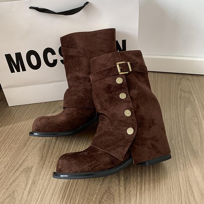 

New Winter Design Belt Buckle Women Mordern Pipe Boots Fashion Slip On Thick Heel Shoes Ladies Banquet Party Mid Calf Booties 35