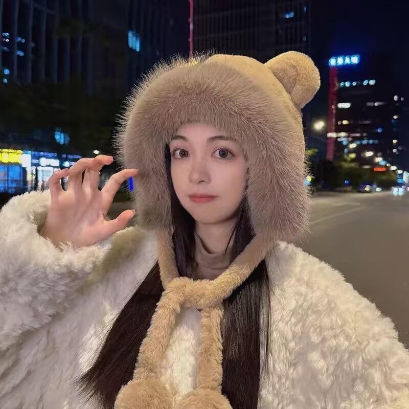 Winter Warm Plush Lacing Pompom Balls Cute Bear Women Cap Fashion Outdoor Windproof Ear Protection Caps