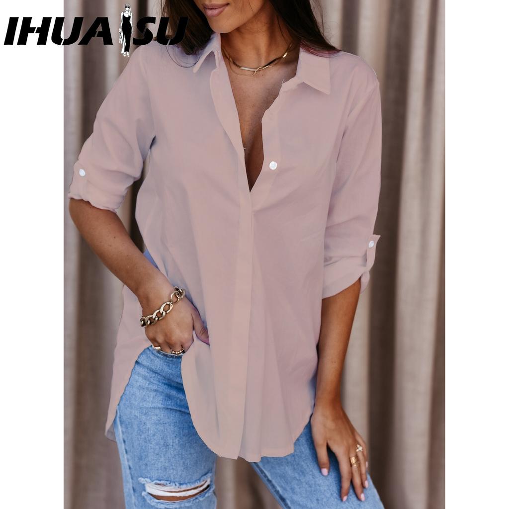 IHUASU Women's Fashion Casual Autumn Winter Solid Color Print Long Sleeve POLO-Neck Blouses & Shirts