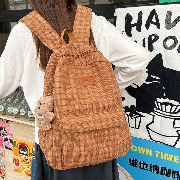 Mori Style Corduroy Plaid Schoolbag Female Junior High School Student Large Capacity Casual Versatile Backpack Travel Backpack