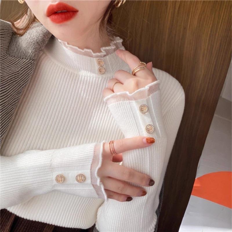 White Knitted Bottoming Shirt Women's Spring Autumn and Winter Fashion Inner Lace Semi-turtleneck Sweater Versatile Slim Top