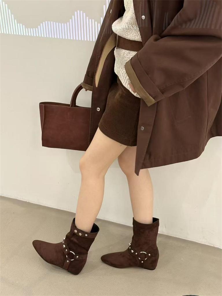 Inner Height Increasing Suede Western Cowboy Boots Women's Boots 2025 Autumn Pointed Brown Merad Liuding Martin Boots
