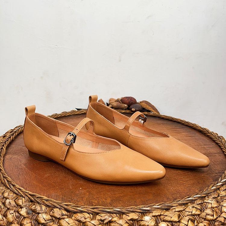 Johnature Vår Høst Retro Spenne Stropp Grunn Myk Uformell spiss Loafers Kvinner Ekte Skinn Flats Sko