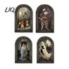 Hanging Halloween Decorations Arched Wooden Wall Decor, Ghost Cat Ornament, Distressed Gothic Decor Tabletop Plaque, Spooky Home Ornament for Entryway