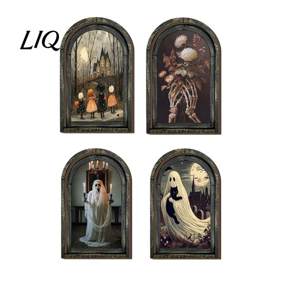 Hanging Halloween Decorations Arched Wooden Wall Decor, Ghost Cat Ornament, Distressed Gothic Decor Tabletop Plaque, Spooky Home Ornament for Entryway