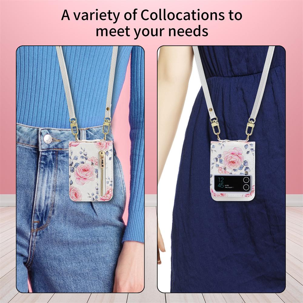 Crossbody Phone Case for Samsung Galaxy Z Flip 5 4 3 5G Flip4 Flip5 Retro Rose Cards Slot Shockproof Leather Cover with Lanyard