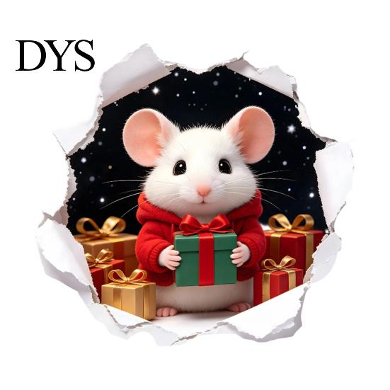 Cute Animal Wall Art 3D Hole Illusion Christmas Mouse Sticker, Peel And Stick Waterproof PVC Festive Atmosphere Coverings Decal for Window Glass,