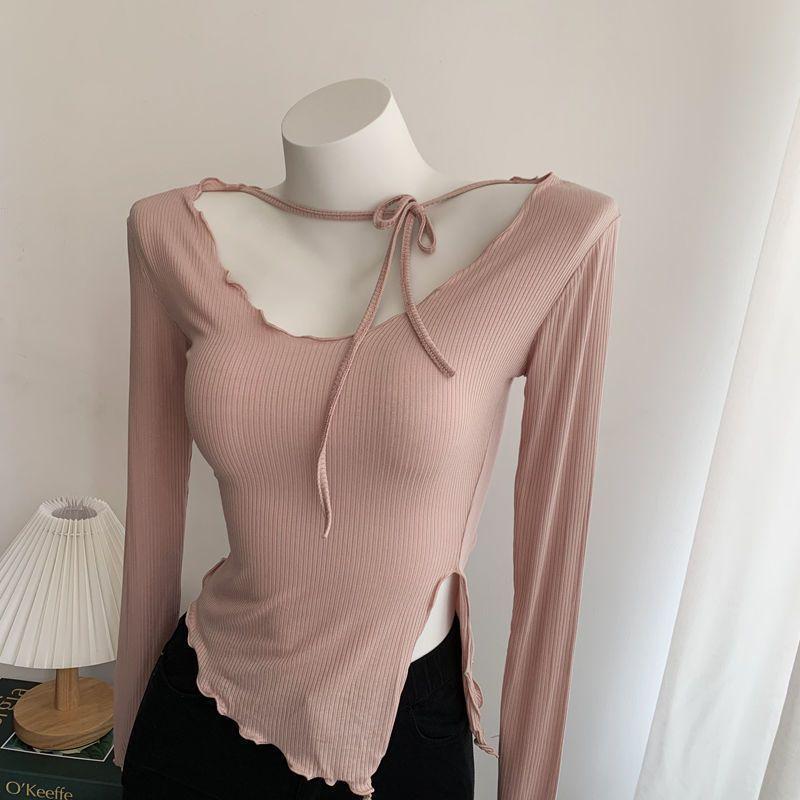 Unregelmäßiger Saum Schlitz Rosa Einzigartiges Langarm Figurbetontes T-Shirt Basisschicht Sonnenschutz Oberteil
