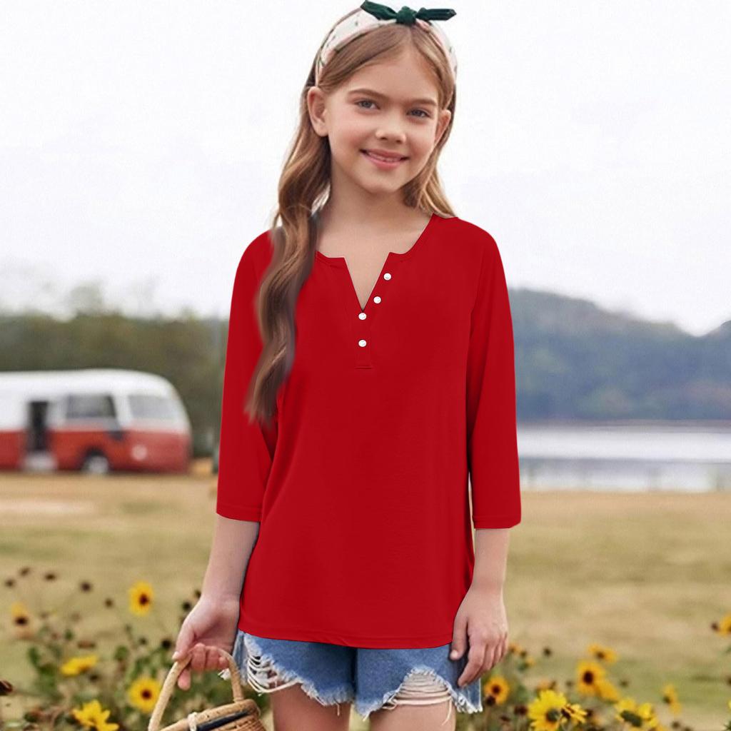 Print Tops For Youth Girls Round Neck 3/4 Sleeves T-Shirts Trendy Tops Outfit Tees