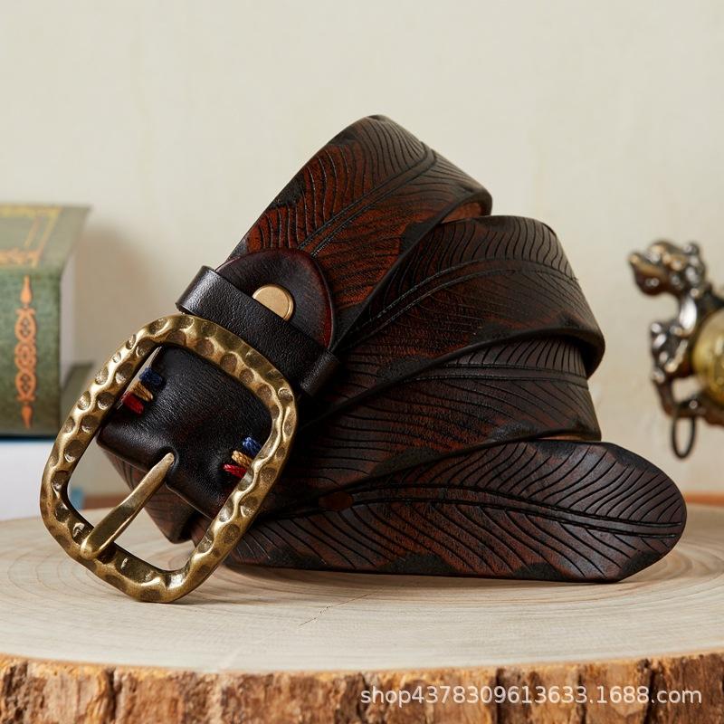 Personality Trend Court Carved Belt Men'S Genuine Leather First Layer Cowhide Handmade Retro Youth Fashion Jeans Belt