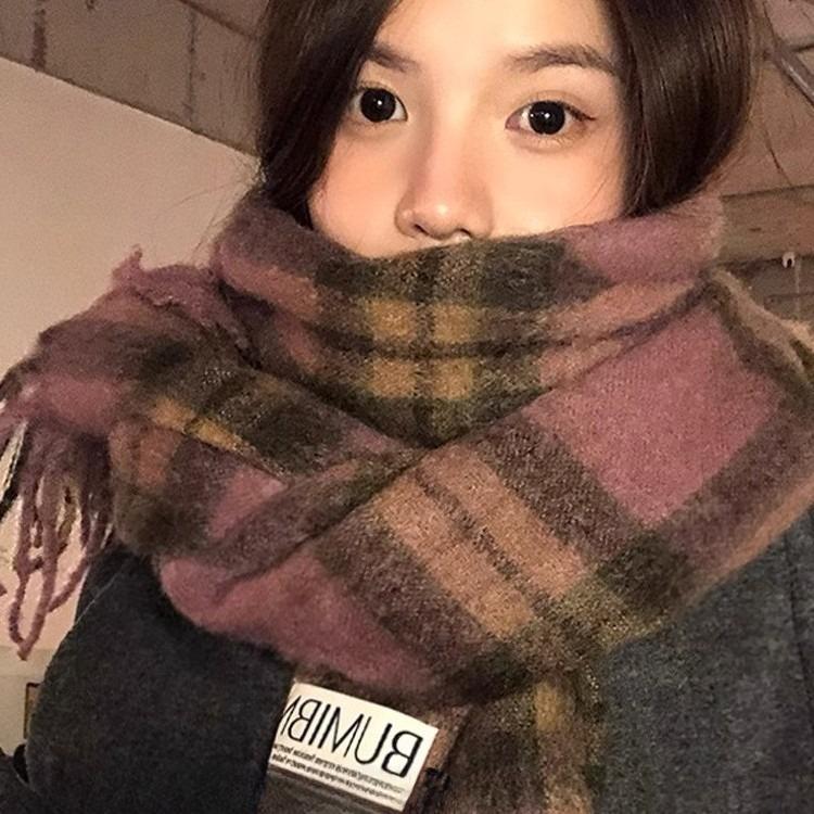 Retro Plaid Imitation Cashmere Scarf for Women Winter College Style Thickened Warm Long Tassel Shawl Atmosphere Scarf