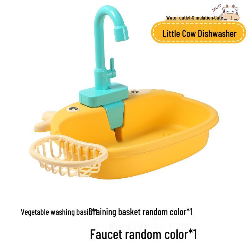 Cartoon Cow Electric Faucet Toy Kitchen Set with Sink, Stove, and Play Fruits & Vegetables