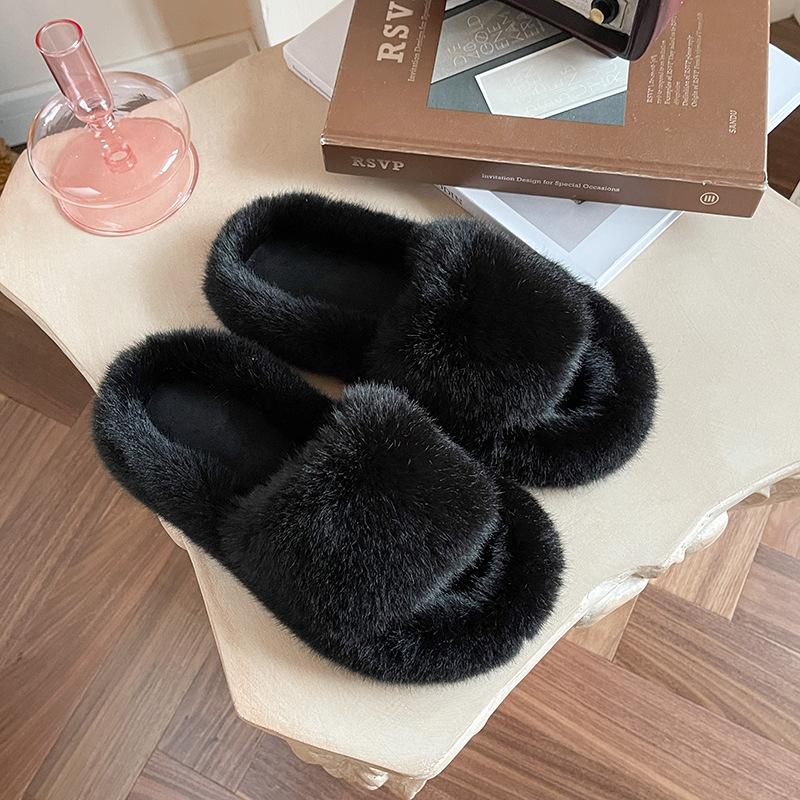 Height-increasing thick-soled fluffy slippers women's autumn and winter outer wear fluffy shoes one-word ins home home plush drag spring and summer