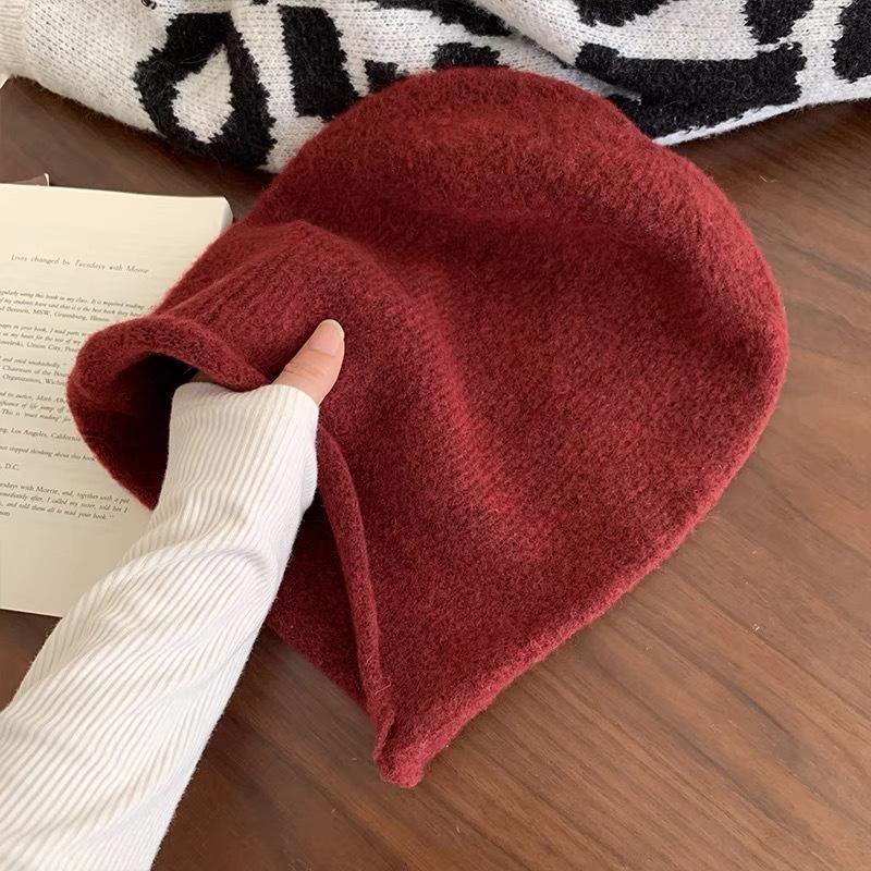 Solid Color Cold Hat Internet Celebrity Hat Women's Autumn and Winter Plush Knitted Face Small Pile Hat Big Head Circumference Bag Head Hat