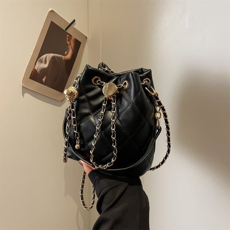 Rhombus Drawstring Through Leather Gold Chain Mini Bucket Bag