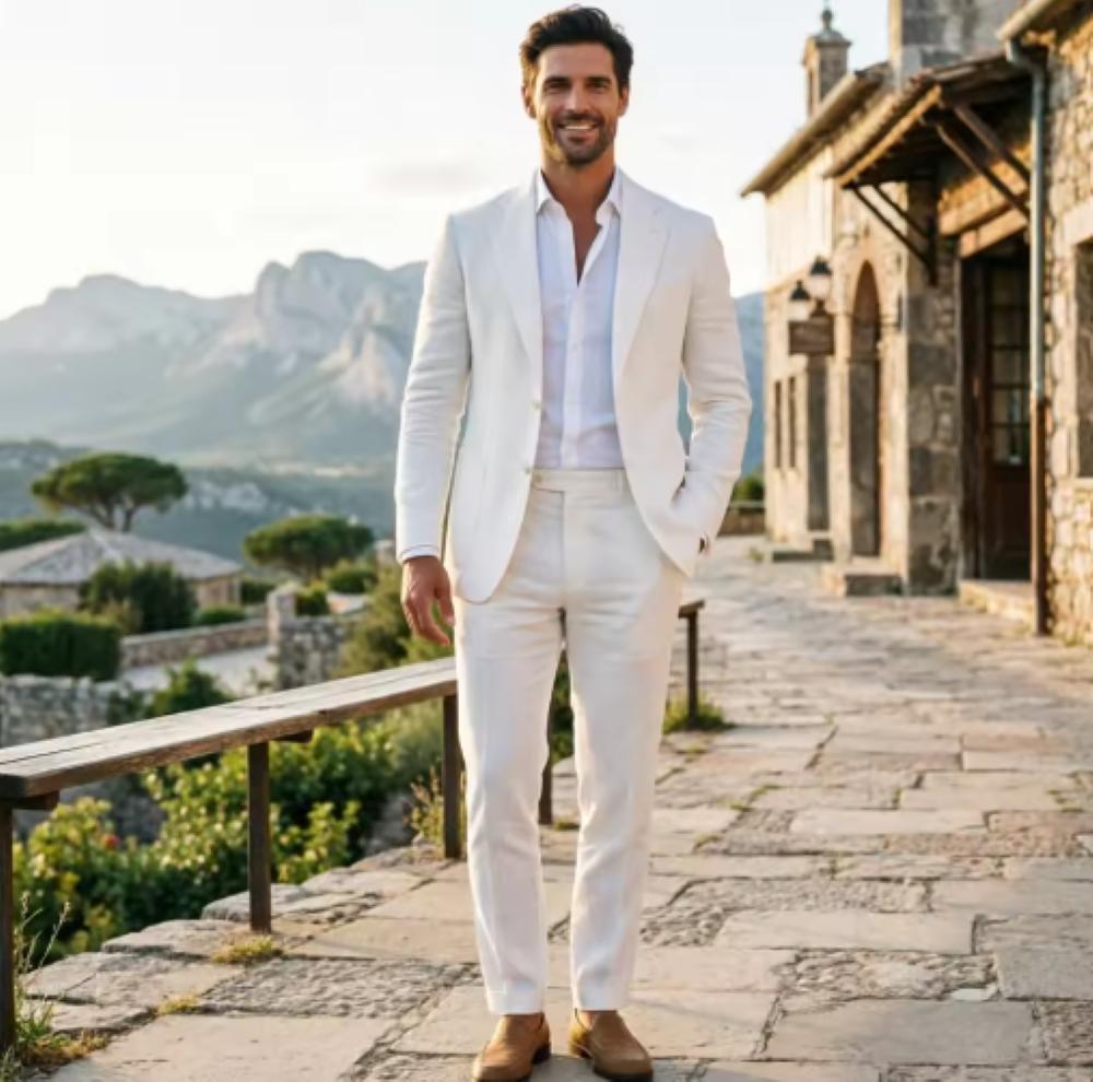 Sage Green Linen Men Suits 2 Pieces Slim Fit Blazer Trousers Breathable Lightweight Fabric Casual Wedding Business Office Wear