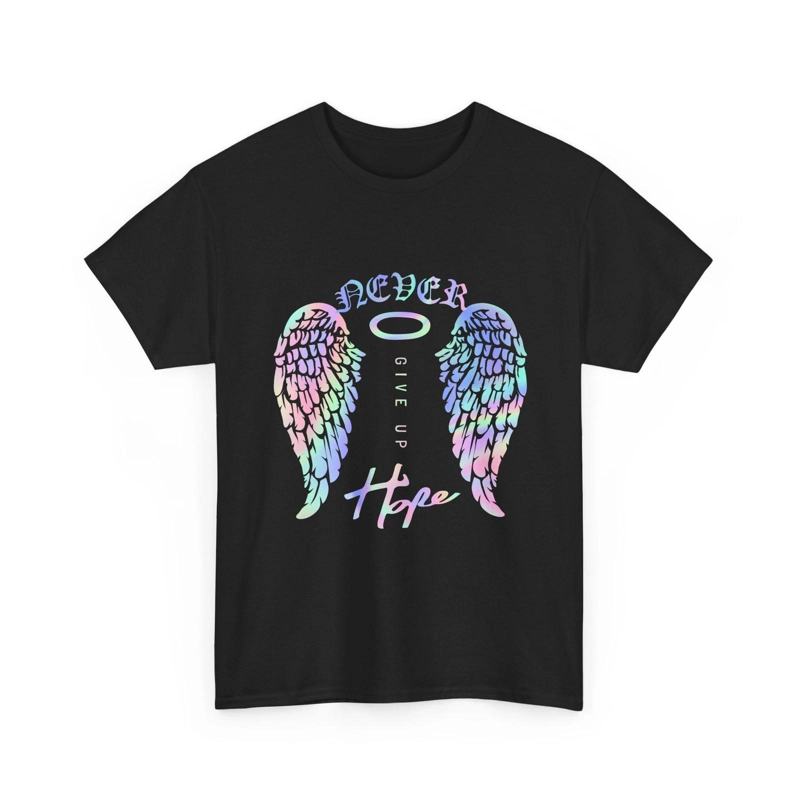 Never Give Up Hope Angel Wings T-Shirt | Pastel Halo Inspirational, Fun T-Shirt 2XL