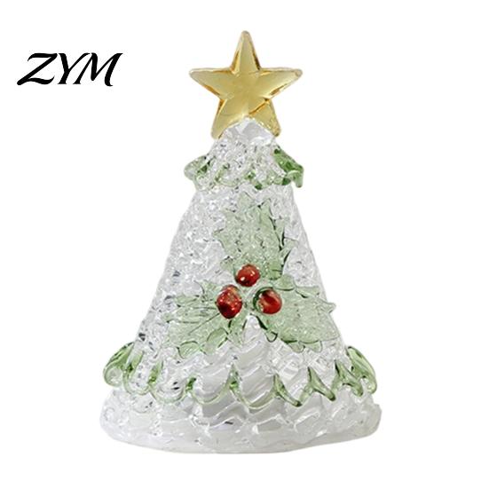 Clear Glass Tree with Gold Star Handmade Christmas Lighted Figurine, Mini Luminous Xmas Miniature Crystal Ornament Night Light, Art Tabletop
