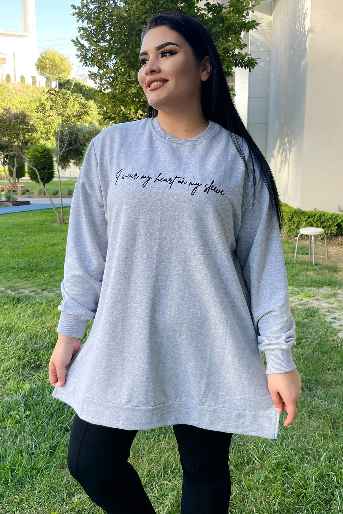 

Women s Style Big Size Sweatshirt Large Size Oversize Sweatshirt With Text Embroidery Detail Gray