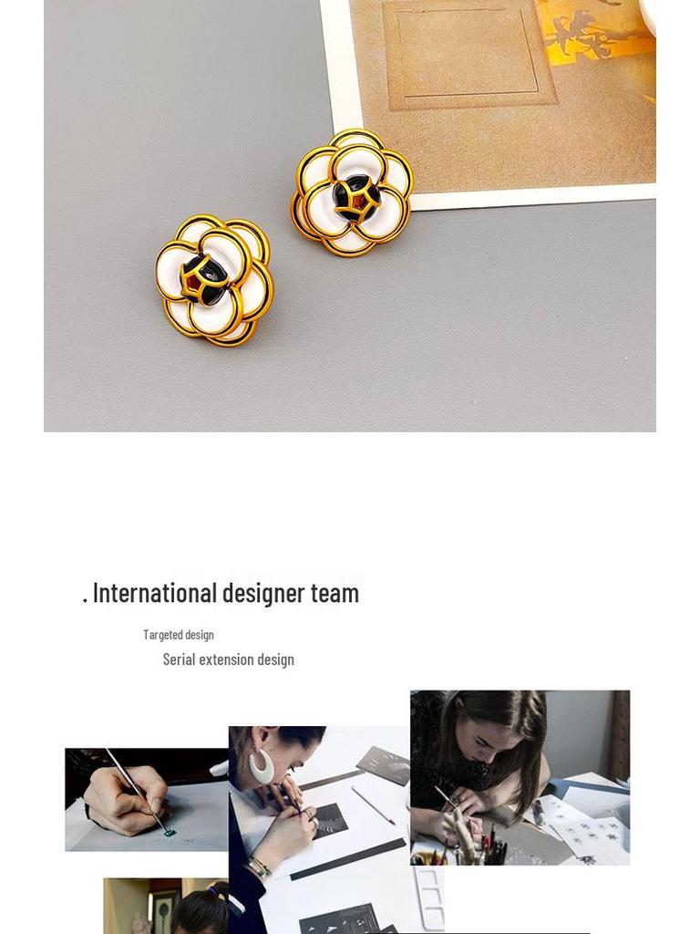 Vintage Kamelien Emaille Ohrringe: Schwarz/Weiß Farbblock Dreilagige Blumenstecker mit 925 Sterlingsilber