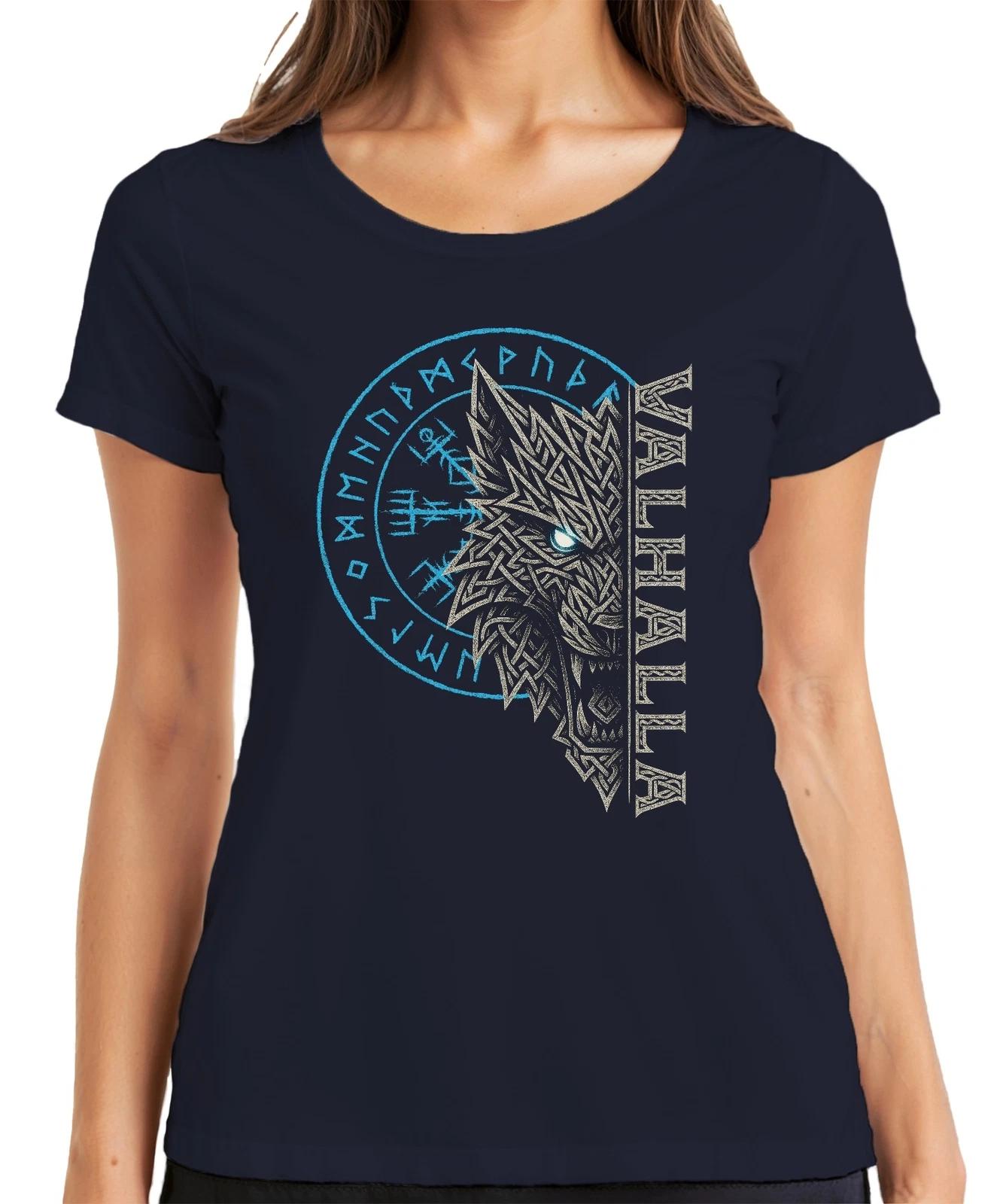 Wikinger Wolf Vegvisir Runenkompass Valhalla nordische Mythologie Damen T-Shirt M