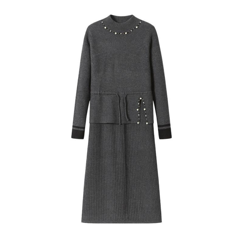 2026 Beaded Knit Sweater Dress - Women's Mid-Length Autumn Winter Solid Color Vest Dress
