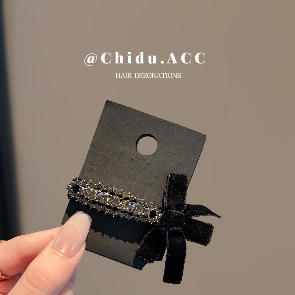Korejská sametová sponka do vlasů s kamínkovou mašlí pro podzim/zimu