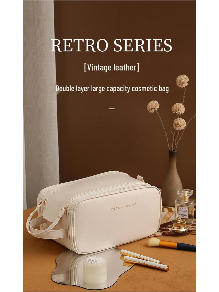 Double-Layer PU Travel Cosmetic Bag with Large Capacity