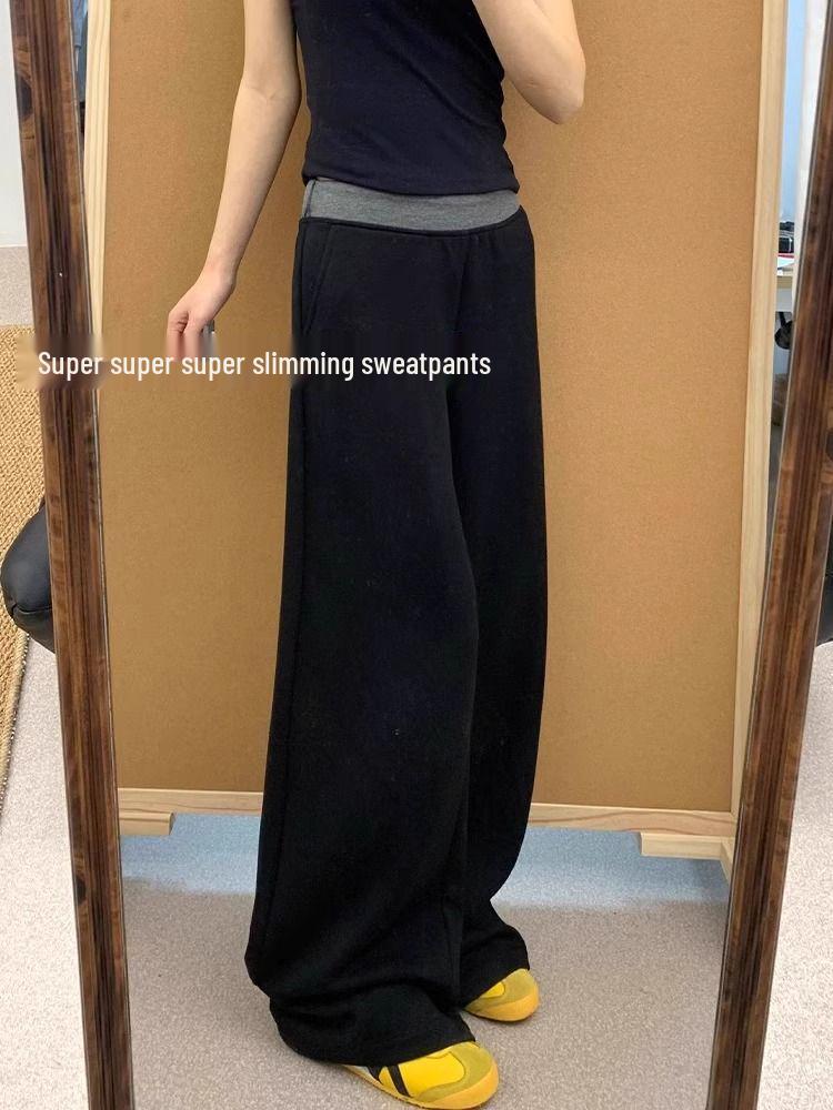 

Женские черные комбинированные повседневные спортивные брюки с высокой талией и широкими штанинами - Весенние брюки большого размера, стройнящие, длиной до пола S чёрный