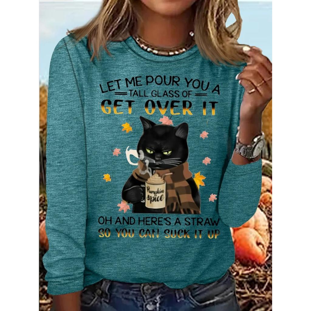 Okrągły dekolt 3D nadruk zabawny kot wzór top modny casual długi rękaw damskie koszulki