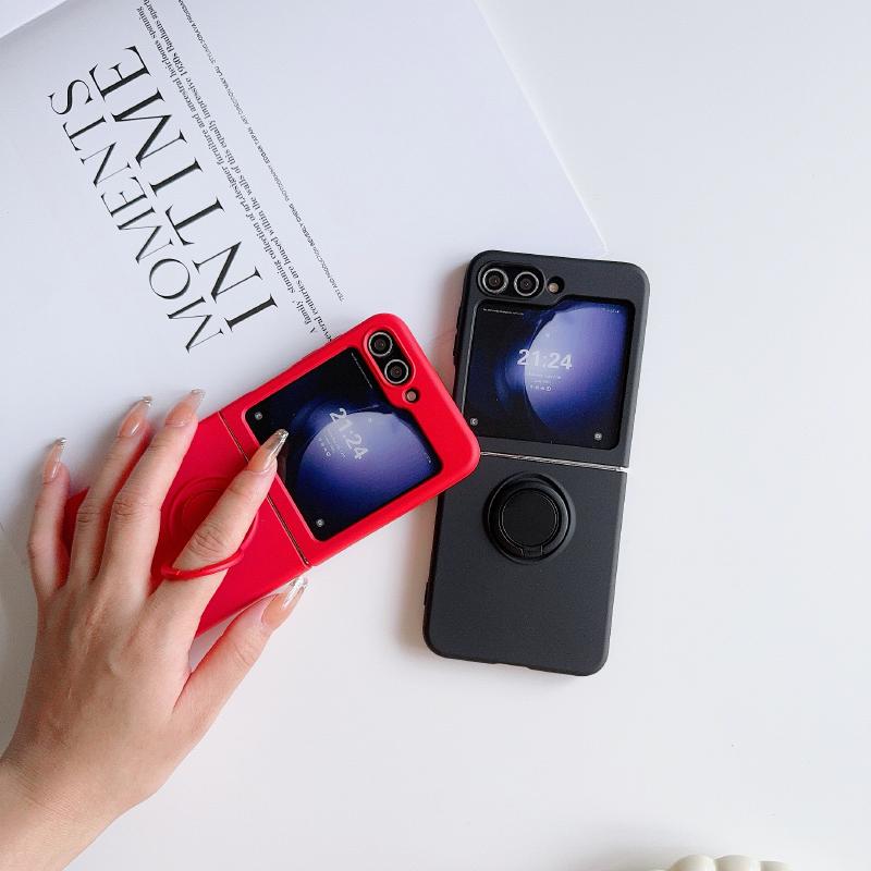 Luxury Solid Color Liquid Silicone 360°Rotating Ring Holder Folding Phone Case For Samsung Galaxy Z Flip 6 5 4 3 Soft Back Cover