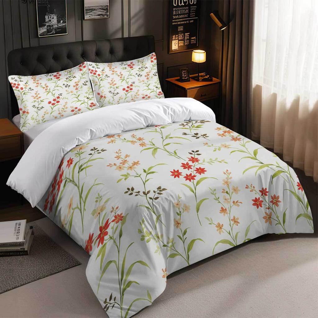 Safflower Green Leaf Quilt Cover Three-Piece Small Fresh Quilt Cover Pillowcase Digital Printing Bed Kit