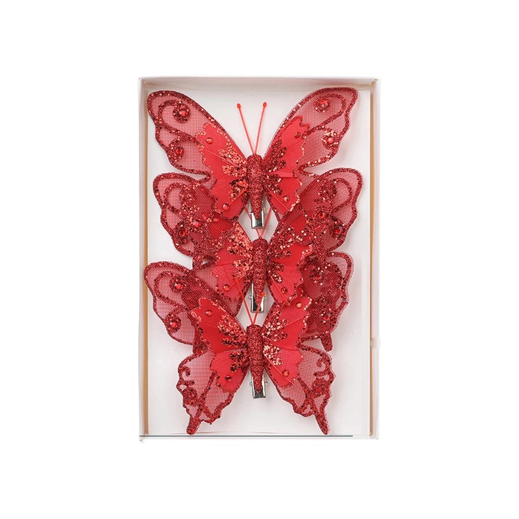 Set of 3 Glitter Butterfly Christmas Ornaments Clip-On Decorative Artificial Butterflies for Tree and Holiday Scene Decoration