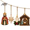 Handcrafted Wood Engraving Retro Wooden Nativity Pendant for Christmas Tree Decoration, Rustic Manger Ornaments Hanging Banner with Hemp Rope Holiday