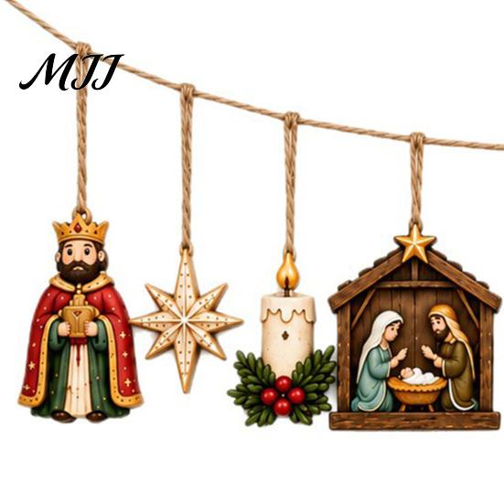 Handcrafted Wood Engraving Retro Wooden Nativity Pendant for Christmas Tree Decoration, Rustic Manger Ornaments Hanging Banner with Hemp Rope Holiday