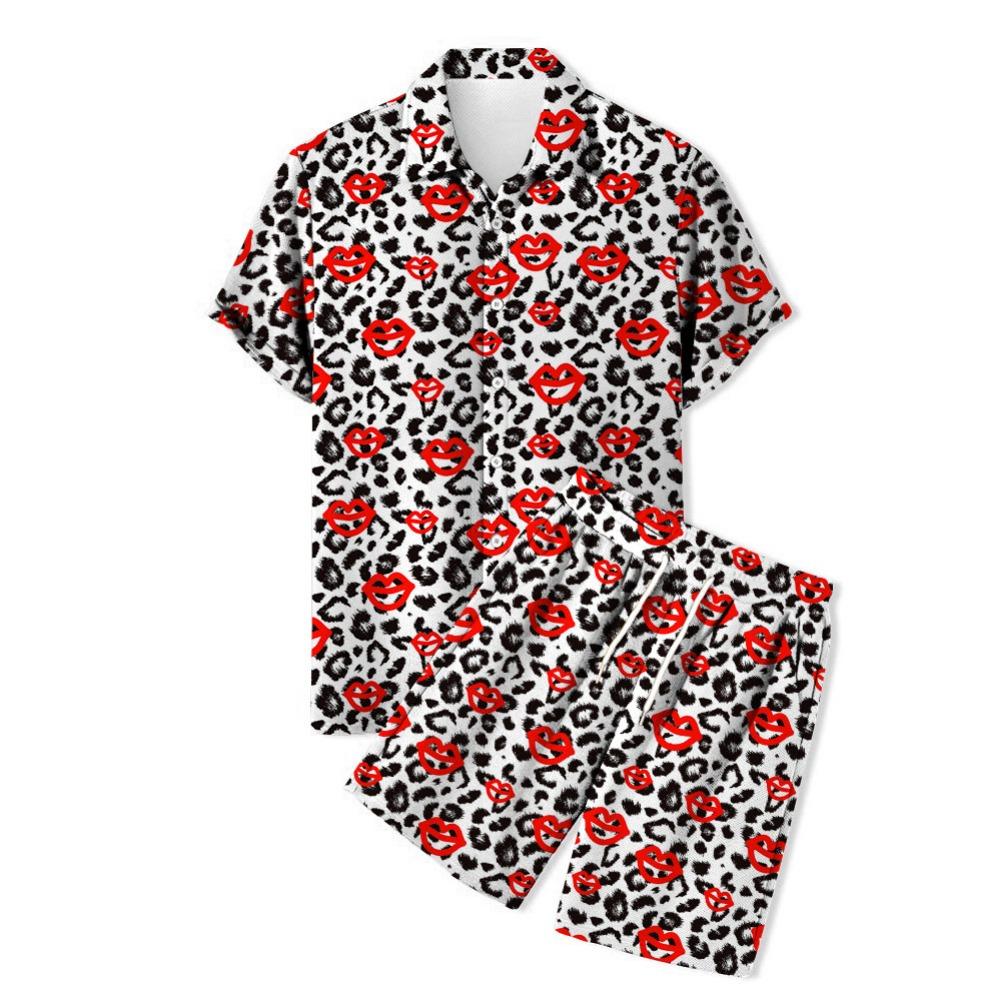 New Men's Camouflage Short Sleeved Shirt with Collar and Shorts 3D Leopard Print Hawaiian Beach Style