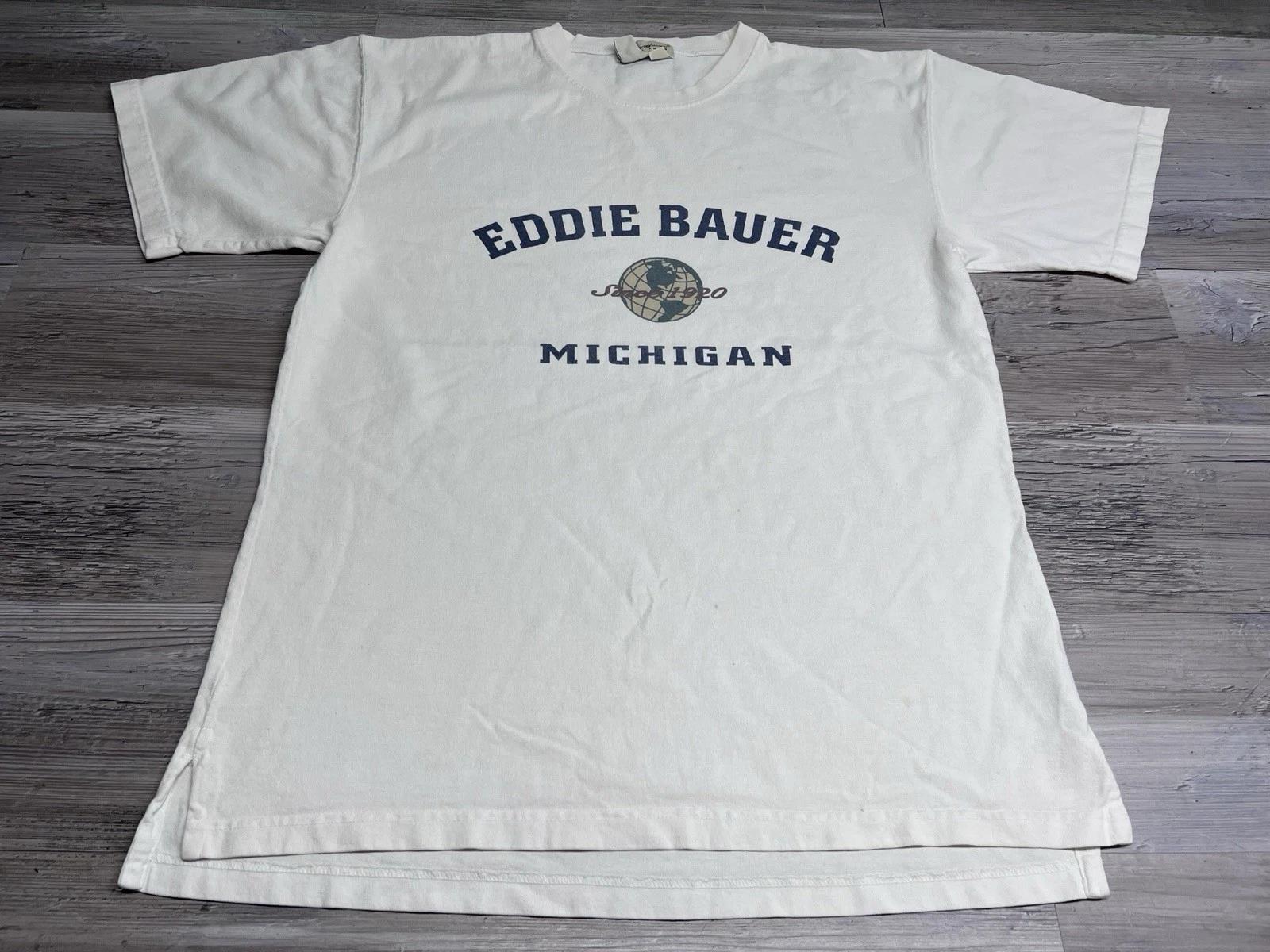 Vintage Eddie Bauer Michigan T-Shirt Sz S Faded White Graphic Tee Spellout Logo 3XL
