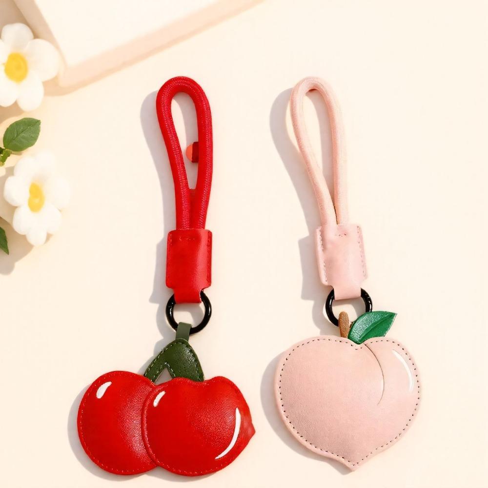 Peach Cherry Keychain Cartoon Car Keyring Creative PU Leather Bag Pendant  Students